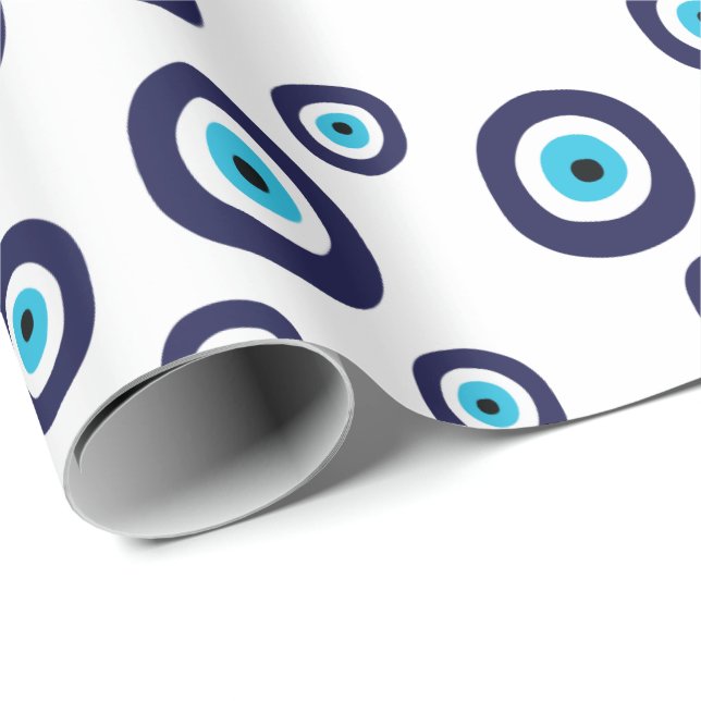 Stylish Nazar Navy Blue and Aqua Evil Eye Pattern Wrapping Paper (Roll Corner)