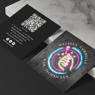 Stylish Neon Nail Technician QR Code Social Media Square Business Card
