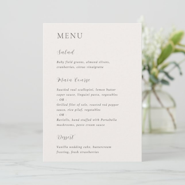 Stylish Neutral Modern Wedding Menu (Standing Front)