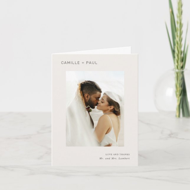 Stylish Neutral Photo Minimalist Wedding Thank You Card (Front)