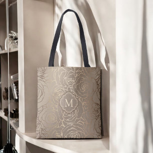Stylish Neutral Taupe Floral Pattern with Monogram Tote Bag