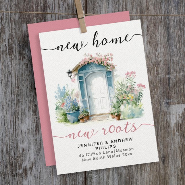 Stylish New Home Roots Pink Calligraphy Watercolor Announcement (Creator Uploaded)