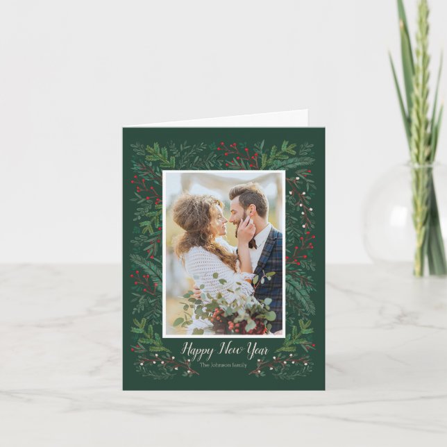 Stylish New year Green Pine Tree wreath Photo Holiday Card (Front)