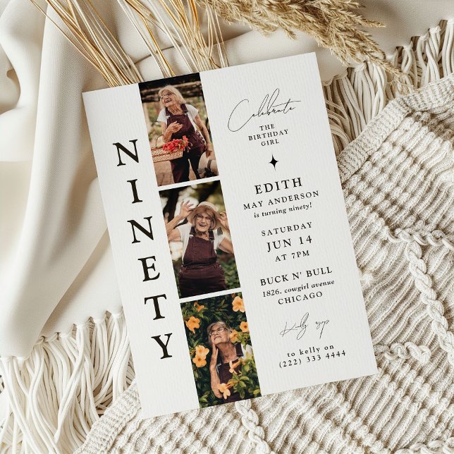 Stylish NINETY Photo Strip 90th Birthday  Invitation (Creator Uploaded)