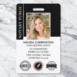 Stylish Notary Public Photo QR Black Rose Gold ID Badge