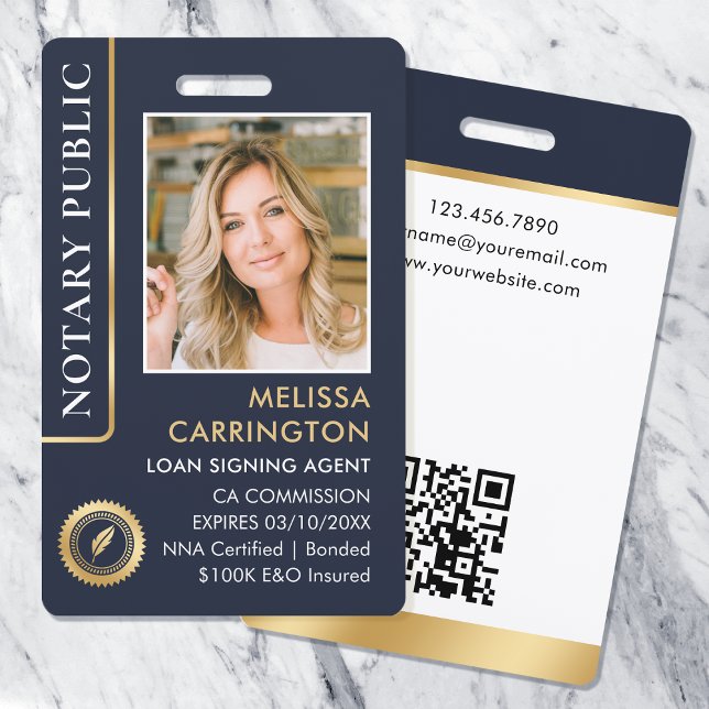 Stylish Notary Public Photo QR Code ID Blue Gold ID Badge (Creator Uploaded)