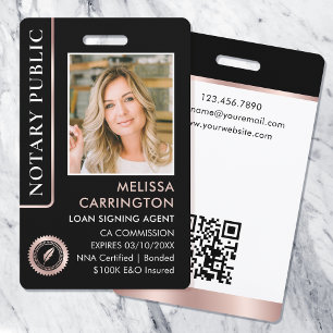 Stylish Notary Public Photo QR ID Black Rose Gold ID Badge