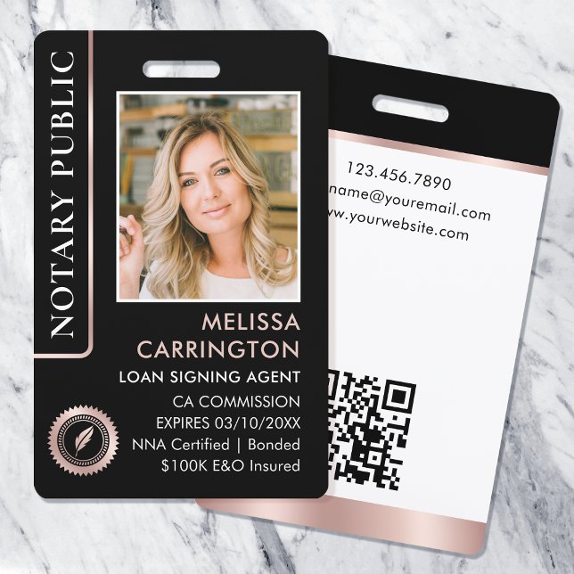 Stylish Notary Public Photo QR ID Black Rose Gold ID Badge (Creator Uploaded)
