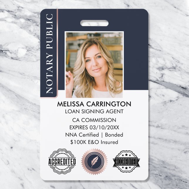 Stylish Notary Public Photo QR Logo Blue Rose Gold ID Badge (Creator Uploaded)