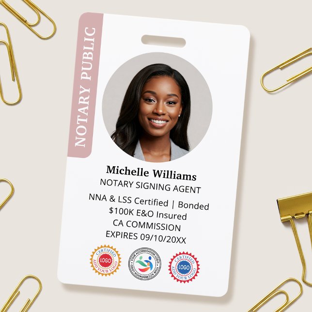 Stylish Notary Public Signing Agent Photo ID Pink Badge (Creator Uploaded)