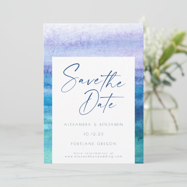 Stylish Ocean Blue and Purple Watercolor  Save The Date (Standing Front)