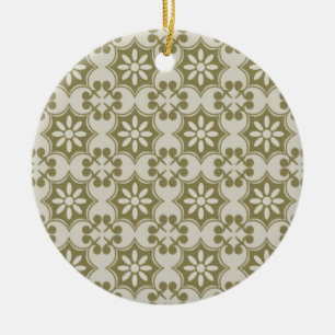 Stylish olive green Fleur de Lis repeating pattern Ceramic Tree Decoration