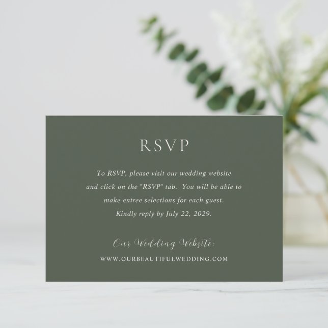 Stylish Olive Green Modern Wedding RSVP Card (Standing Front)
