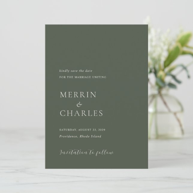 Stylish Olive Green Modern Wedding Save The Date (Standing Front)