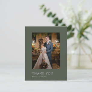 Stylish Olive Green Photo Modern Wedding Thank You Card