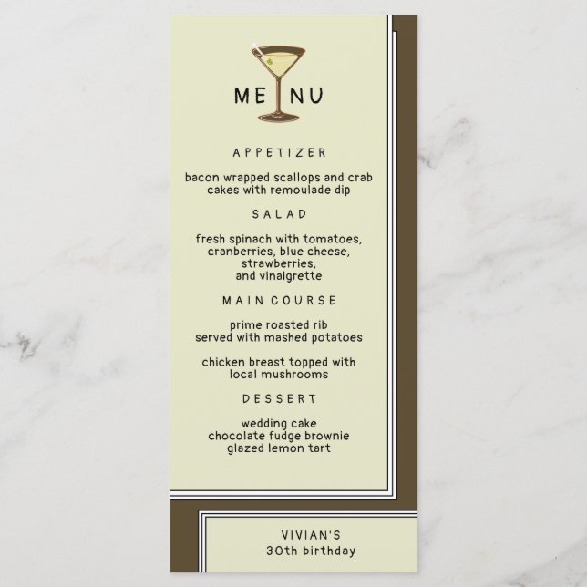Stylish Olive Martini Birthday Dinner Menu (Front)