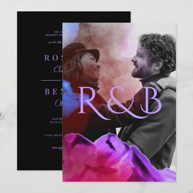Stylish Ombre Mountains Overlay Photo Wedding Invitation (Front/Back)