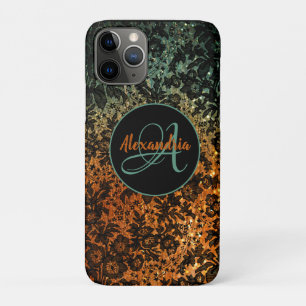 Stylish Orange and Green Black Floral Monogram iPhone 11 Pro Case