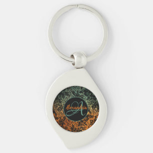 Stylish Orange and Green Black Floral Monogram    Key Ring