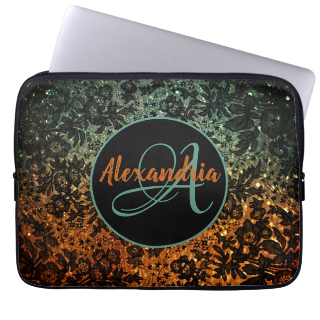 Stylish Orange and Green Black Floral Monogram   Laptop Sleeve (Front)