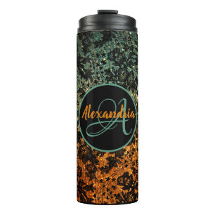 Stylish Orange and Green Black Floral Monogram    Thermal Tumbler
