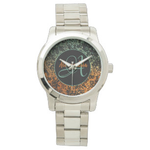 Stylish Orange and Green Black Floral Monogram Watch
