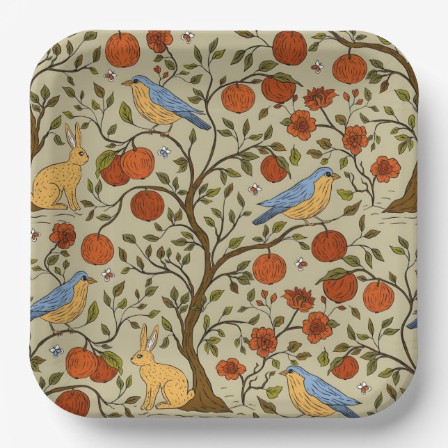 Stylish Orange Apples on Brown Trees Design Paper Plate (Front)