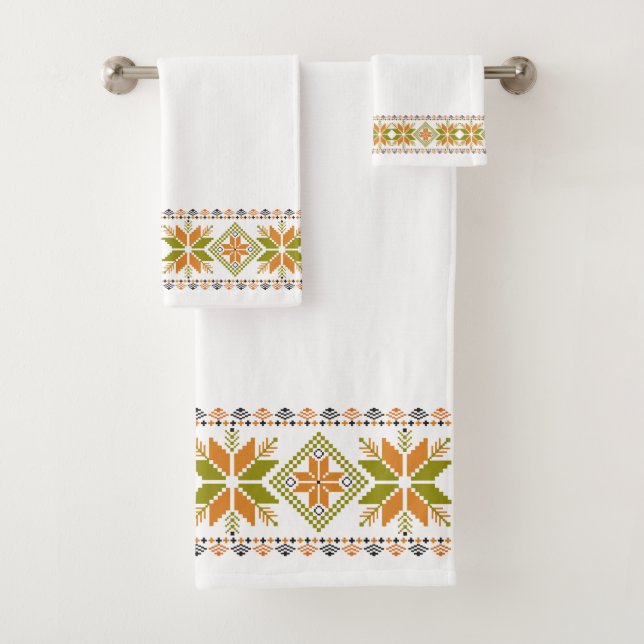 Stylish Orange & Beige Star Vector Frame on White Bath Towel Set (Insitu)