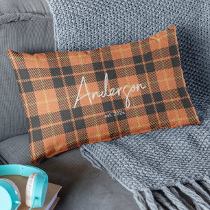 Stylish Orange & Black Fall Colour Plaid Lumbar Cushion