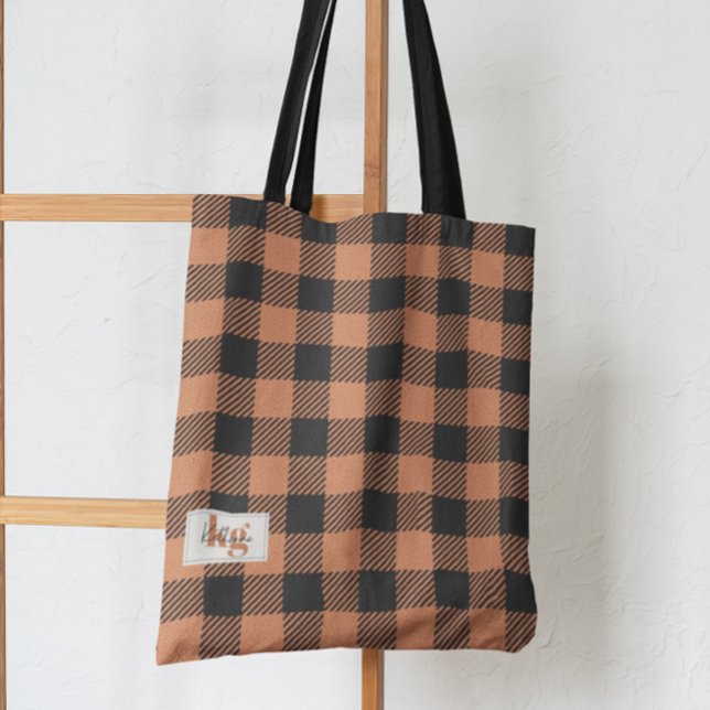 Stylish Orange & Black Fall Colour Plaid Shoulder Tote Bag (Creator Uploaded)