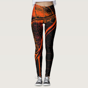 Stylish Orange Black Leaf Leggings