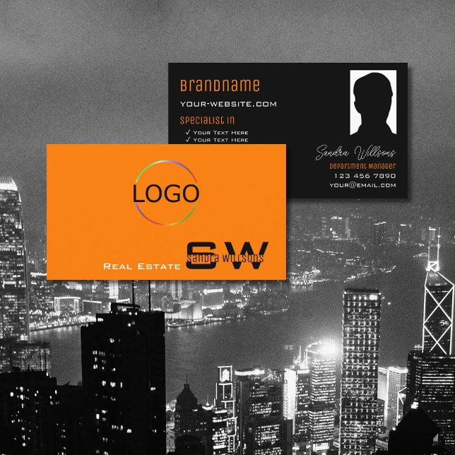 Stylish Orange Black with Monogram Logo and Photo Business Card (Creator Uploaded)