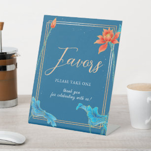 Stylish Orange & Blue Wedding Floral Lotus Pedestal Sign