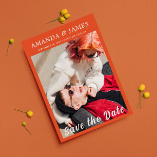 Stylish Orange Couple Full Photo Save The Date Invitation