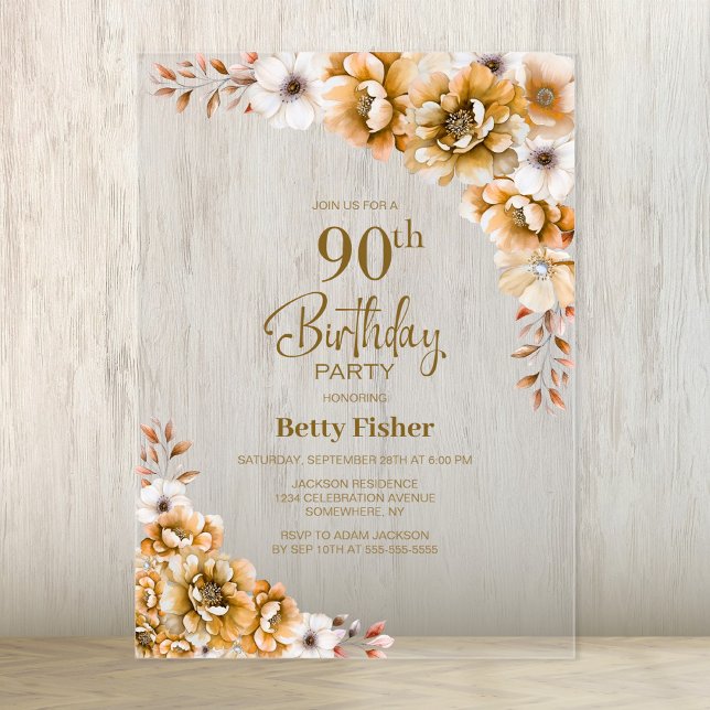 Stylish Orange Floral 90th Birthday Party Acrylic Invitations (Creator Uploaded)