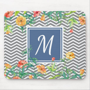Stylish Orange Floral Chevron Chic Blue Monogram Mouse Mat