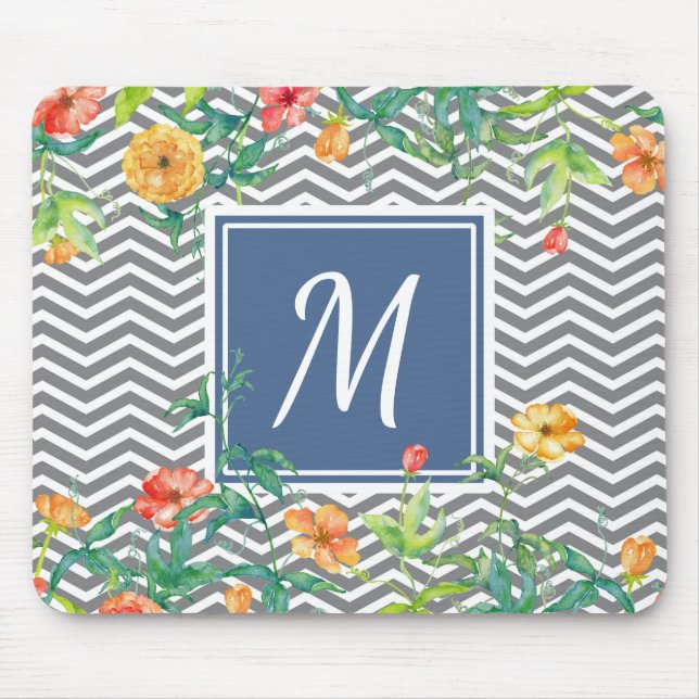Stylish Orange Floral Chevron Chic Blue Monogram Mouse Mat (Front)