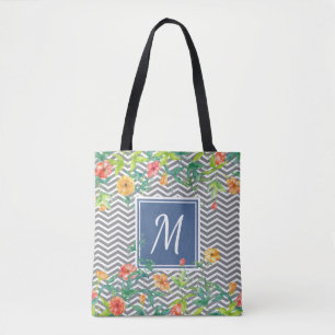 Stylish Orange Floral Chevron Chic Blue Monogram Tote Bag