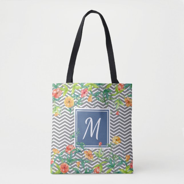 Stylish Orange Floral Chevron Chic Blue Monogram Tote Bag (Front)