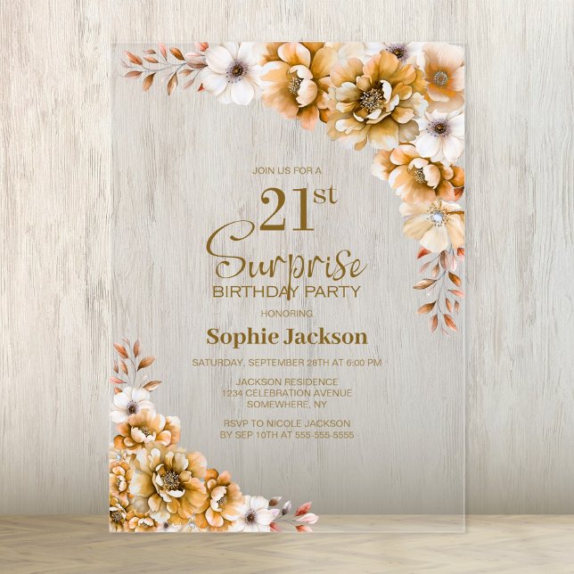Stylish Orange Floral Surprise 21st Birthday Party Acrylic Invitations (Creator Uploaded)