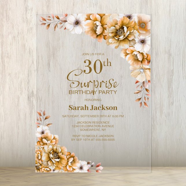 Stylish Orange Floral Surprise 30th Birthday Party Acrylic Invitations (Creator Uploaded)