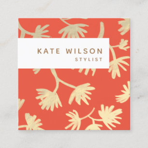 Stylish Orange Gold  Floral Pattern Square Business Card