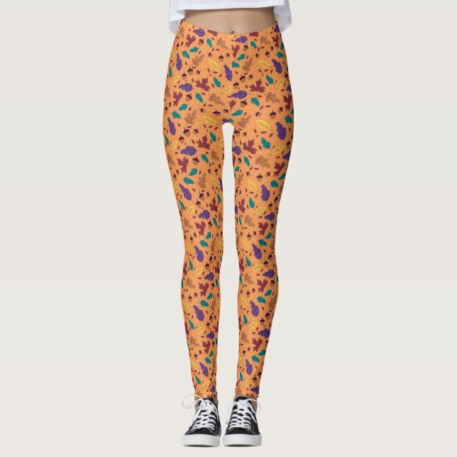 Stylish Orange Leaf Pattern Leggings  (Front)