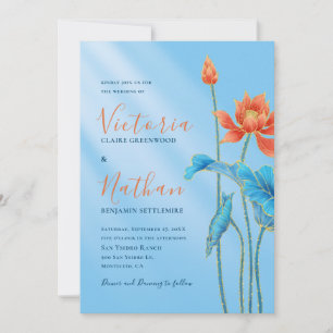 Stylish Orange Lotus Flower Blue Wedding Invitation