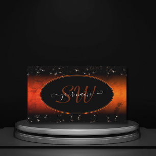 Stylish Orange Marble Black Glitter Stars Monogram Business Card