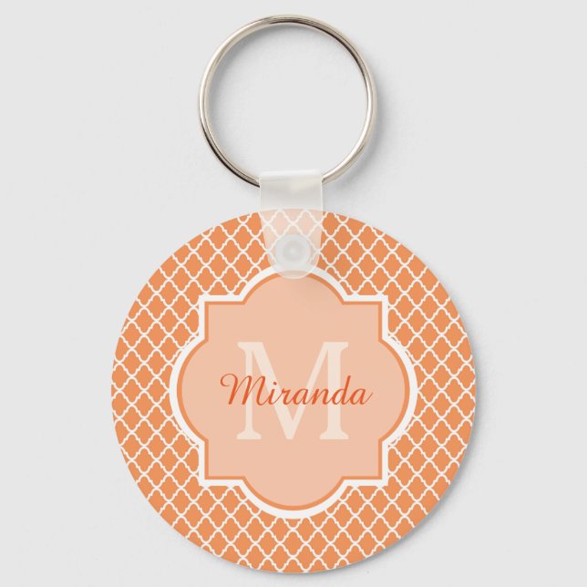 Stylish Orange Quatrefoil Monogram With Name Key Ring (Front)