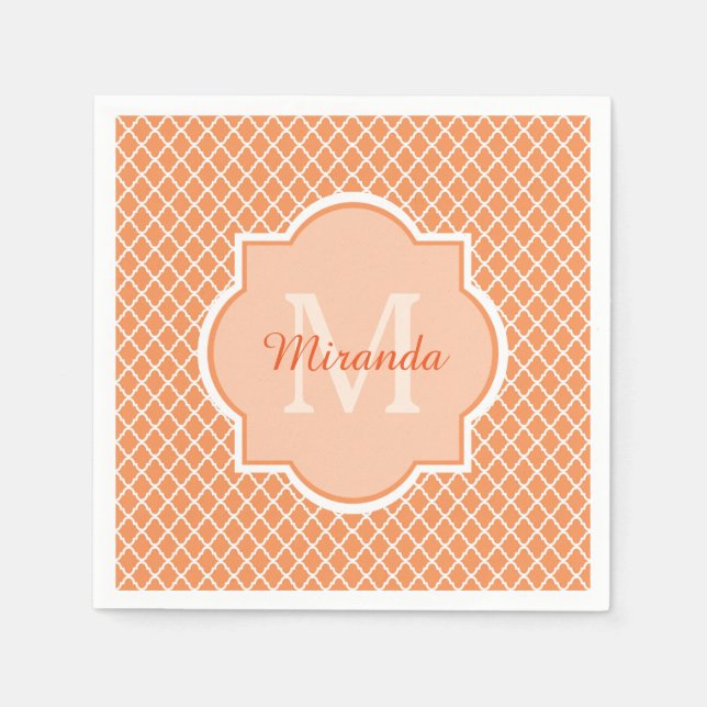 Stylish Orange Quatrefoil Monogram With Name Napkin (Front)