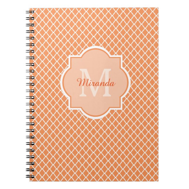 Stylish Orange Quatrefoil Monogram With Name Notebook (Front)