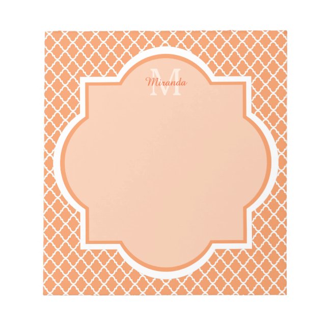Stylish Orange Quatrefoil Monogram With Name Notepad (Front)