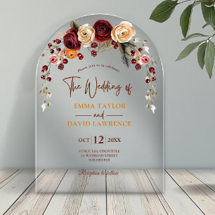Stylish orange rust terracotta floral wedding arch acrylic invitations